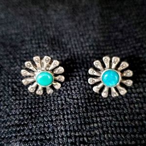 Vintage Sterling Silver Sunburst Turquoise Cabochon Pierced Earrings